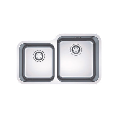 Load image into Gallery viewer, Double stainless steel kitchen sink with undermount tap, featuring a larger main bowl and a smaller half bowl, both with a shiny finish.
