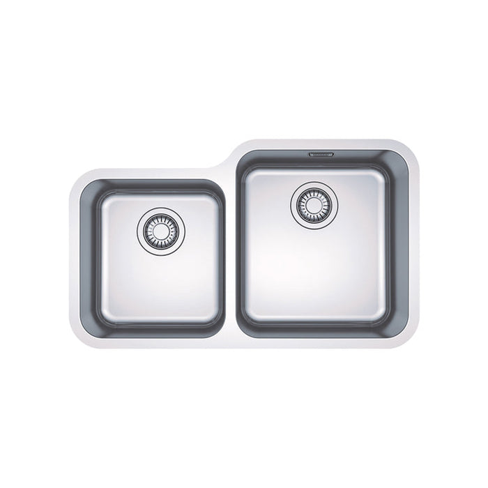 Double stainless steel kitchen sink with undermount tap, featuring a larger main bowl and a smaller half bowl, both with a shiny finish.
